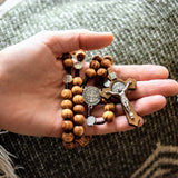 Wooden Rosary Necklace, St. Benedict Medals Cross Necklace, Handmade Catholic Rosaries, Holy Land Rosary Beads Catholic Gift