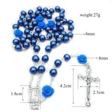 6 Colors Resin Rose Glass Pearl Fashion Rosary Long Pendant Necklace Religious Faith Maria Jesus Cross Women Jewelry Gifts