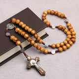 10MM Wood Beads Rosary Cross Necklace For Women Men Christian Virgin Mary INRI Pendant Chain Fashion Religion Jewelry